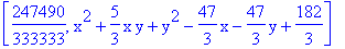 [247490/333333, x^2+5/3*x*y+y^2-47/3*x-47/3*y+182/3]